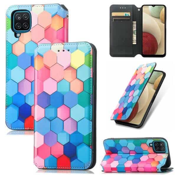 CaseNeo For Samsung Galaxy A12 Leather Wallet Flip Case With RFID Blocking Credit Card Holder Slots Cover - Colored Squares CaseNeo For Samsung Galaxy A12 Leather Wallet Flip Case With RFID Blocking Credit Card Holder Slots Cover - Colored Squares